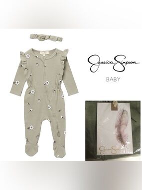 🆕JESSICA SIMPSON BABY - 6/9M - NWT - 2PC GREEN FLORAL SLEEPER AND HEADBAND